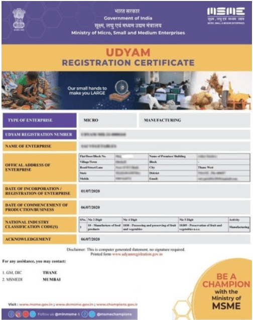 Sample Udyam Registration Certificate